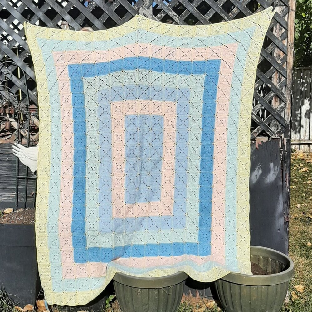 Handmade Crochet Baby Blanket/Afghan Pastel - pink blue yellow white 75"x64"